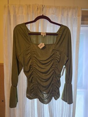 Ava James Olive Ruched Square-Neck Long Sleeve Top